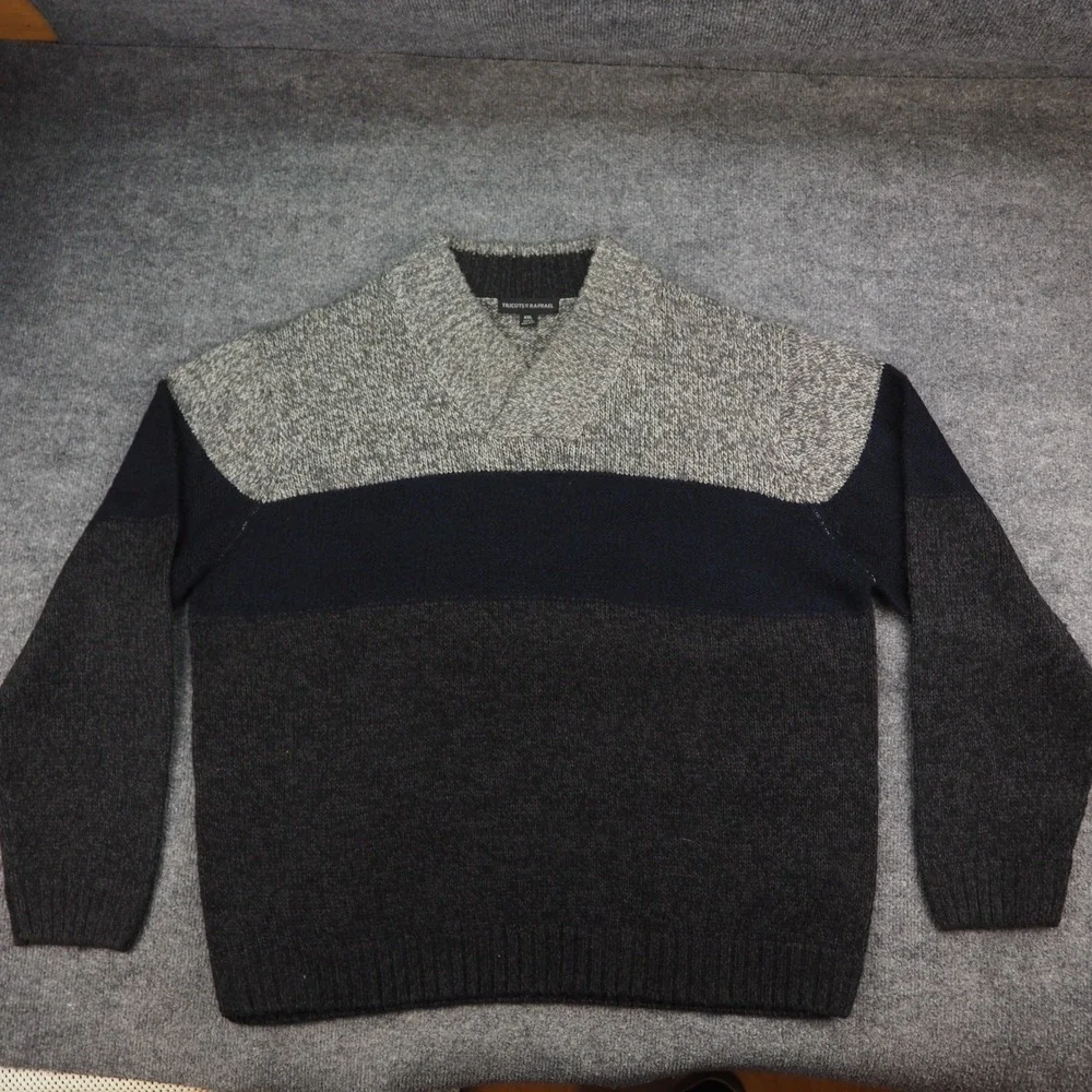 Tricots St Raphael Sweater Mens 2XL Colorblock Gray Blue Shawl Neck Grandpa Core